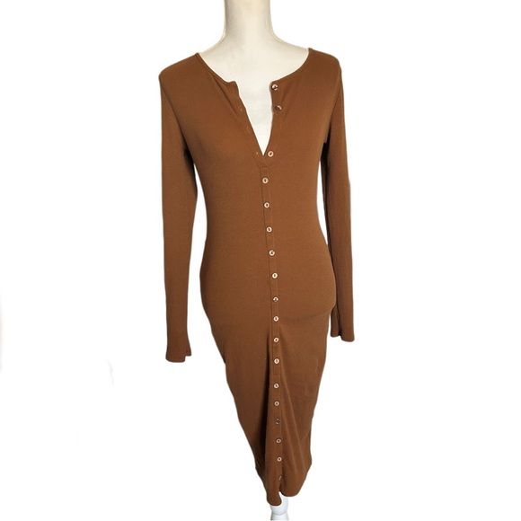 Heart & Hips Dresses & Skirts - Heart & Hips Dress Bodycon Henley Long fall Button Down L Brown Neutral y2k euc